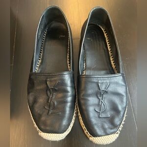 Saint Laurent Black Leather Espadrille Loafers with Tan Trim